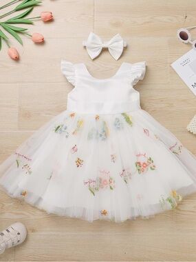 Infant Girl 9-12M White Floral Tulle Bow-Back Party Dress Ibtom Castle